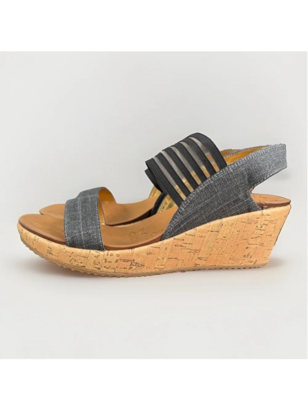 Skechers Womens Size 10 Sandals Wedge Heel Black Denim Cross Strap Luxe Foam